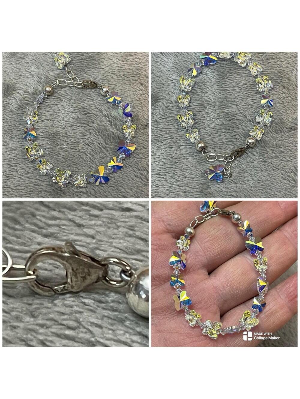 925 sterling silver marked aurora borealis Butterfly crystal bracelet 5.5”-6.5”